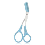 Light blue eyebrow trimmer scissors with an integrated plastic grooming comb and stainless steel blades.
