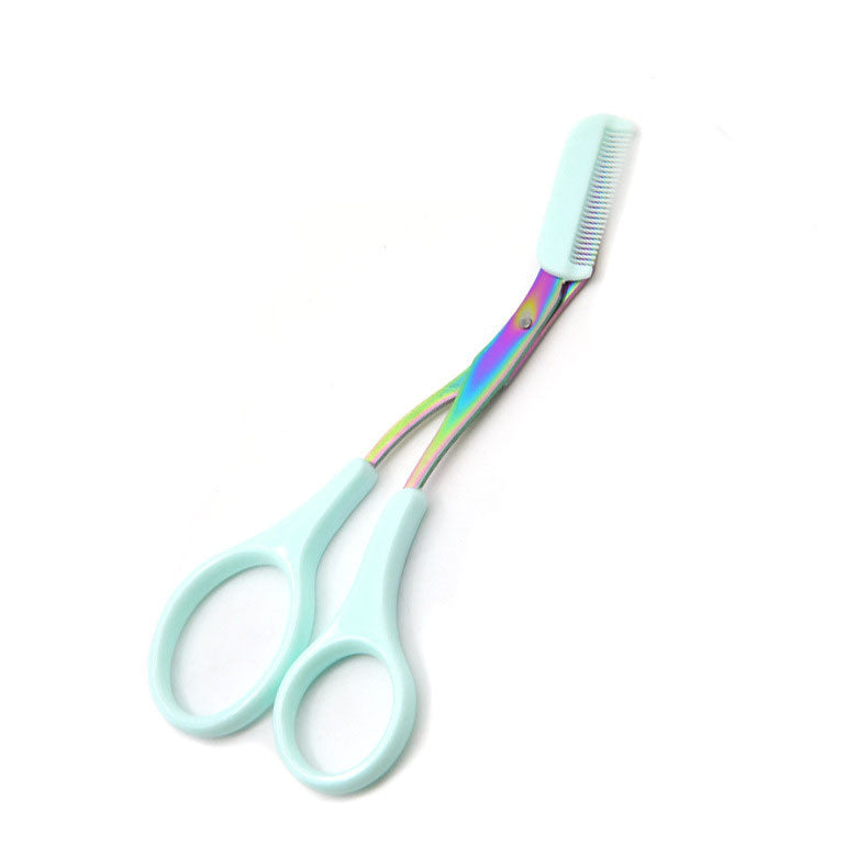 Iridescent rainbow metal eyebrow scissors with light blue plastic handles and an attached grooming comb.