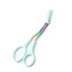 Iridescent rainbow metal eyebrow scissors with light blue plastic handles and an attached grooming comb.