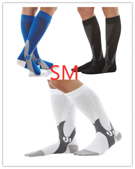 Blue, black, and white compression socks with textured athletic design on legs, shown on three sets of feet.