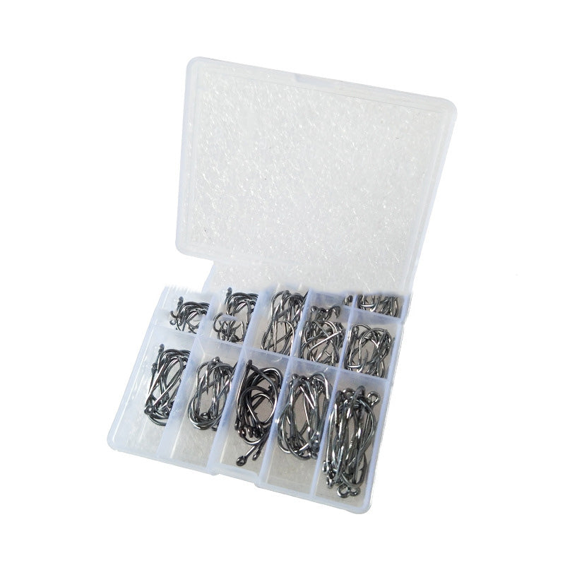 Clear plastic storage case filled with 100 assorted metallic barbed fishing hooks in various sizes.