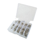 A transparent plastic divided box containing assorted silver metal barbed fishing hooks in various sizes.