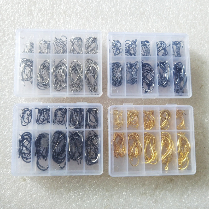 Four clear plastic organizer boxes filled with assorted gold, black, and silver barbed fishing hooks, labeled 3-12.