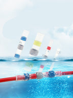 Waterproof solder seal wire connectors in various sizes submerged in water, featuring clear heat-shrink tubing and rings.