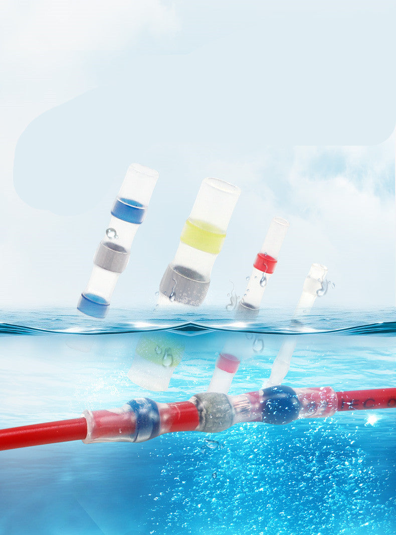 Waterproof solder seal wire connectors in various sizes submerged in water, featuring clear heat-shrink tubing and rings.