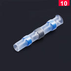 Clear heat shrink solder terminal with blue bands on a black background. Used for waterproof wire connections.