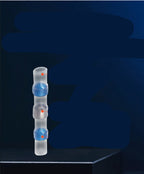 Clear waterproof heat-shrink terminal with center solder ring and blue adhesive rings for wire connections.