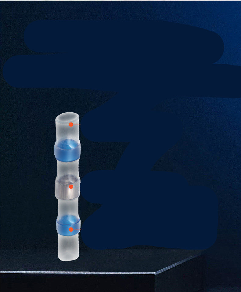 Clear waterproof heat-shrink terminal with center solder ring and blue adhesive rings for wire connections.