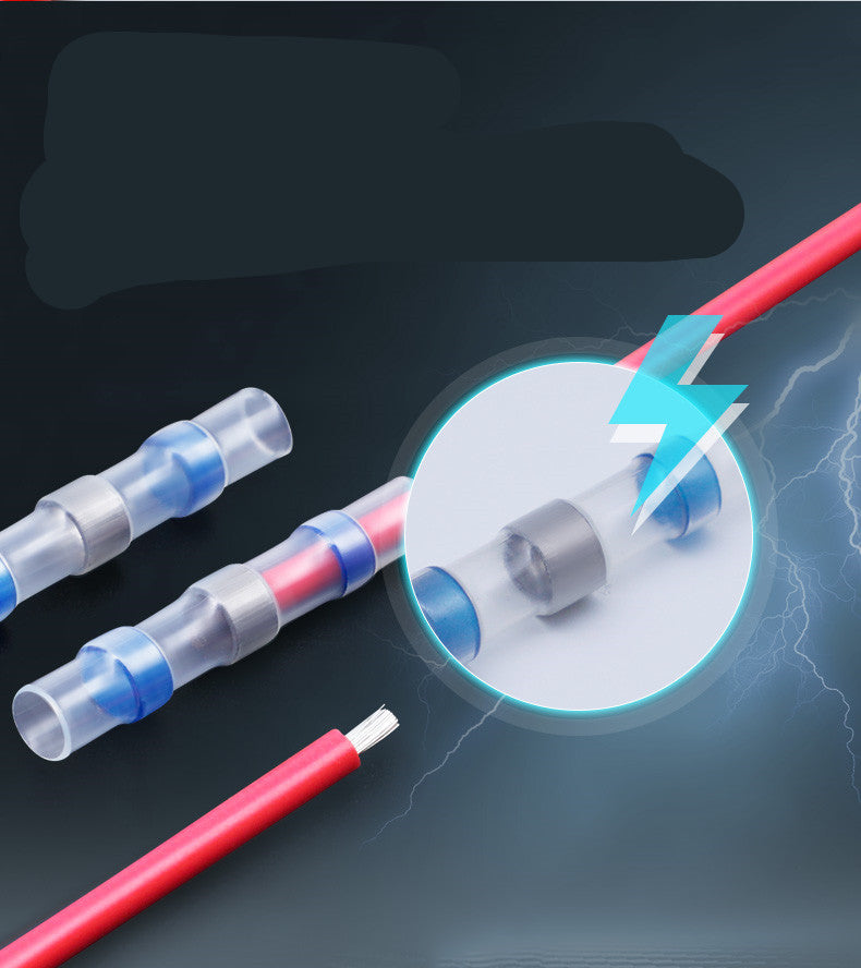 Transparent heat-shrink solder wire connectors with blue end caps, showing a red wire inserted for waterproof splicing.
