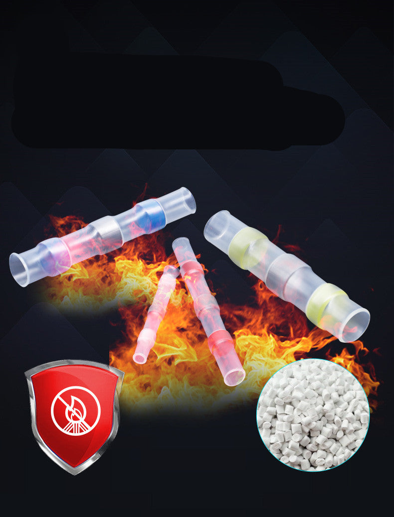 Transparent waterproof heat-shrink solder wire connectors in various colors against a background of flames.