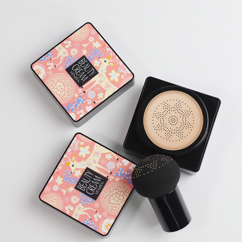 Two Venzen BB cream compacts with floral deer patterns and an open compact with a mushroom-head applicator sponge.