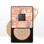 Venzen BB cushion compact in a deer-patterned case with a perforated foundation tray and a smear of liquid makeup.