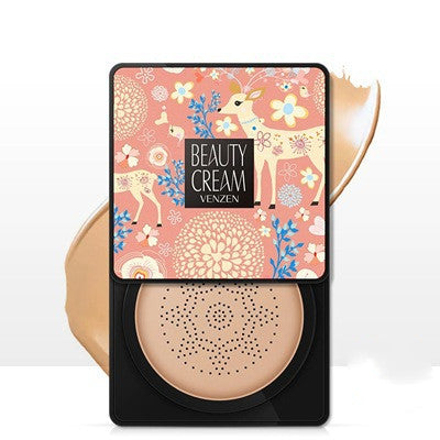 Venzen BB cushion compact in a deer-patterned case with a perforated foundation tray and a smear of liquid makeup.