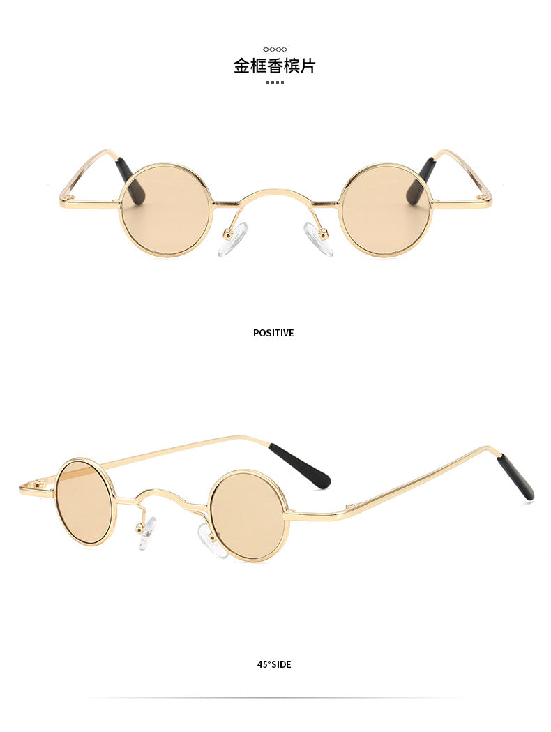 Vintage-style sunglasses with thin gold metal frames and round, champagne-tinted lenses shown from front and side views.