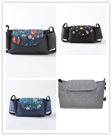 Four fabric baby stroller organizers in various colors and patterns with side cup holders and front flap closures.
