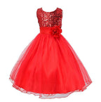 Red baby girl dress with sequined bodice, satin waist sash, flower detail, and layered tulle skirt.