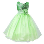 Light green sleeveless flower girl dress with a sequined bodice, satin waist, fabric flower, and layered tulle skirt.
