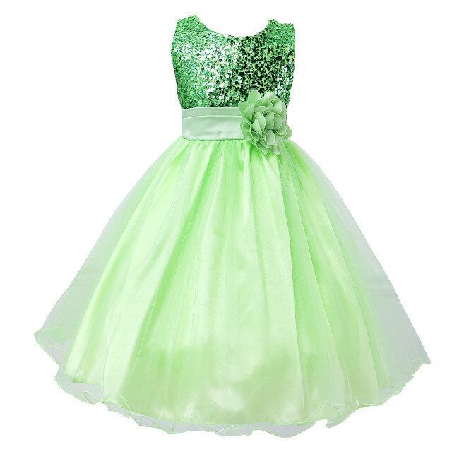 Light green sleeveless flower girl dress with a sequined bodice, satin waist, fabric flower, and layered tulle skirt.