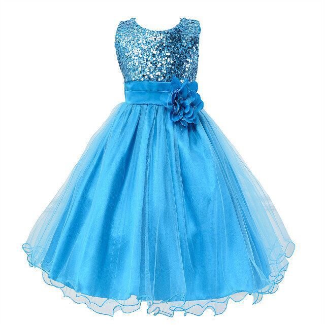 Bright blue baby princess dress with a sequined bodice, satin waist, floral accent, and a layered tulle skirt.