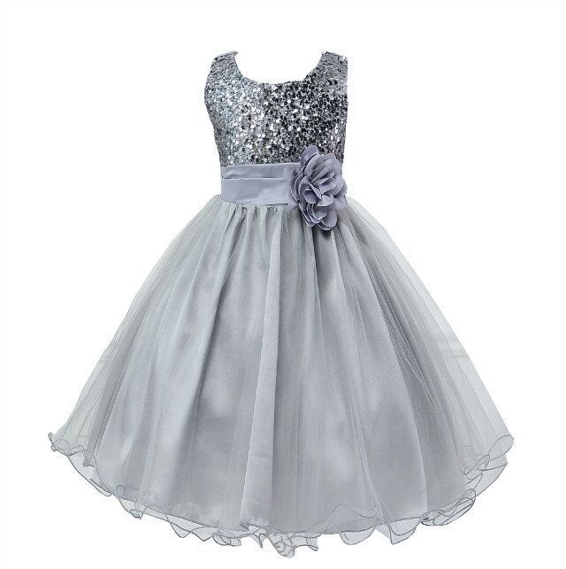 Grey flower girl dress with a sequined bodice, satin waist sash, fabric flower detail, and a layered tulle skirt.