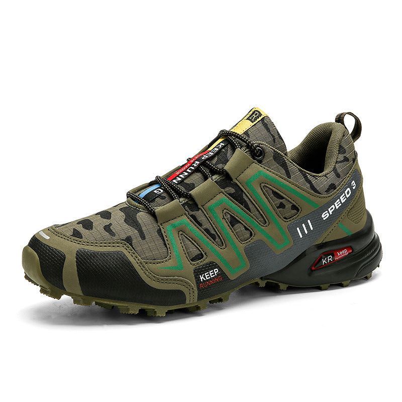 Green camouflage hiking shoe with black accents, rugged non-slip sole, and "KEEP RUNNING" text detail.