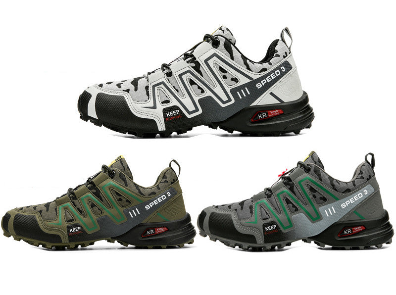 Three men's tactical hiking sneakers in white, olive, and grey camo patterns with rugged, non-slip lug soles.