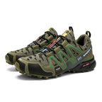 Olive green camouflage hiking sneakers with black accents, rugged traction soles, and "Keep Running" side text.