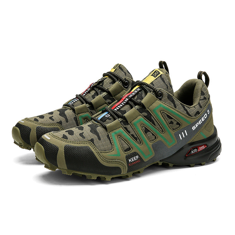 Olive green camouflage hiking sneakers with black accents, rugged traction soles, and "Keep Running" side text.