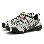 Men’s black and white cow-print hiking sneakers with durable rubber soles, lace-up closure, and "Speed 3" branding.