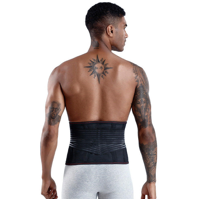 Man wearing a black, adjustable lumbar back support belt with mesh material and spring stabilizers for pain relief.
