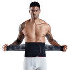 Man wearing a black, adjustable lumbar support belt with dual tension straps for back pain relief and stabilization.