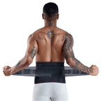 A muscular man wears a black, double-adjustment lumbar support belt with elastic tension straps for back pain relief.