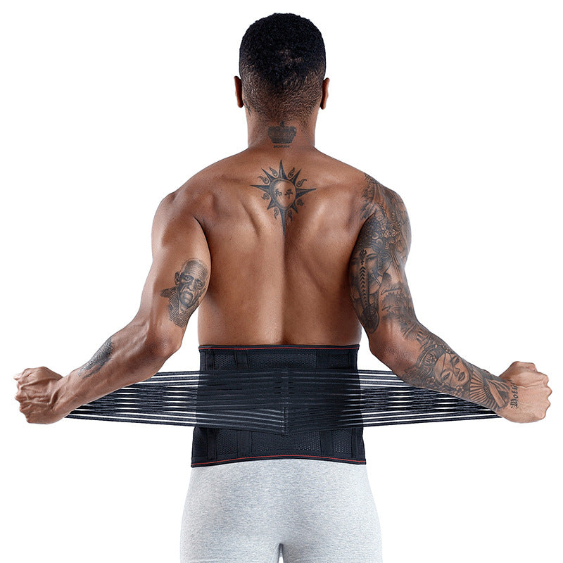 A muscular man wears a black, double-adjustment lumbar support belt with elastic tension straps for back pain relief.