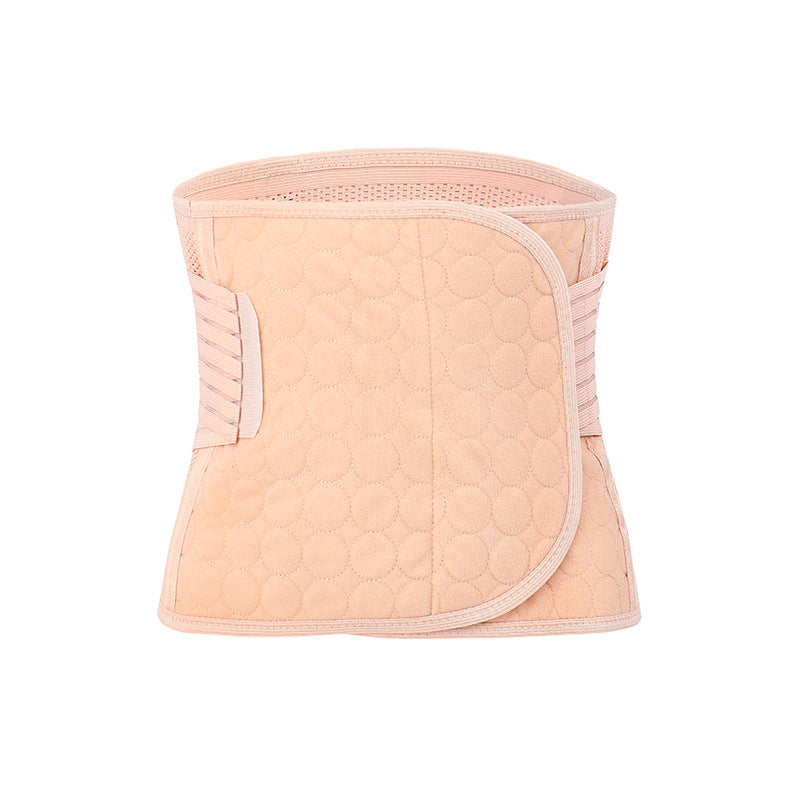 Beige quilted lumbar support belt with side compression straps and breathable mesh edges for back pain and waist slimming.