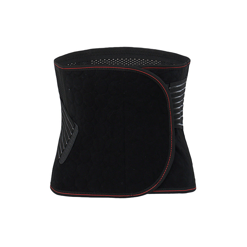 Black waist support belt with red trim, adjustable straps, mesh material, and built-in lumbar support.