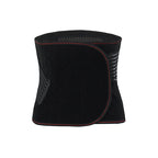 Black waist support belt with red trim, adjustable straps, mesh material, and built-in lumbar support.