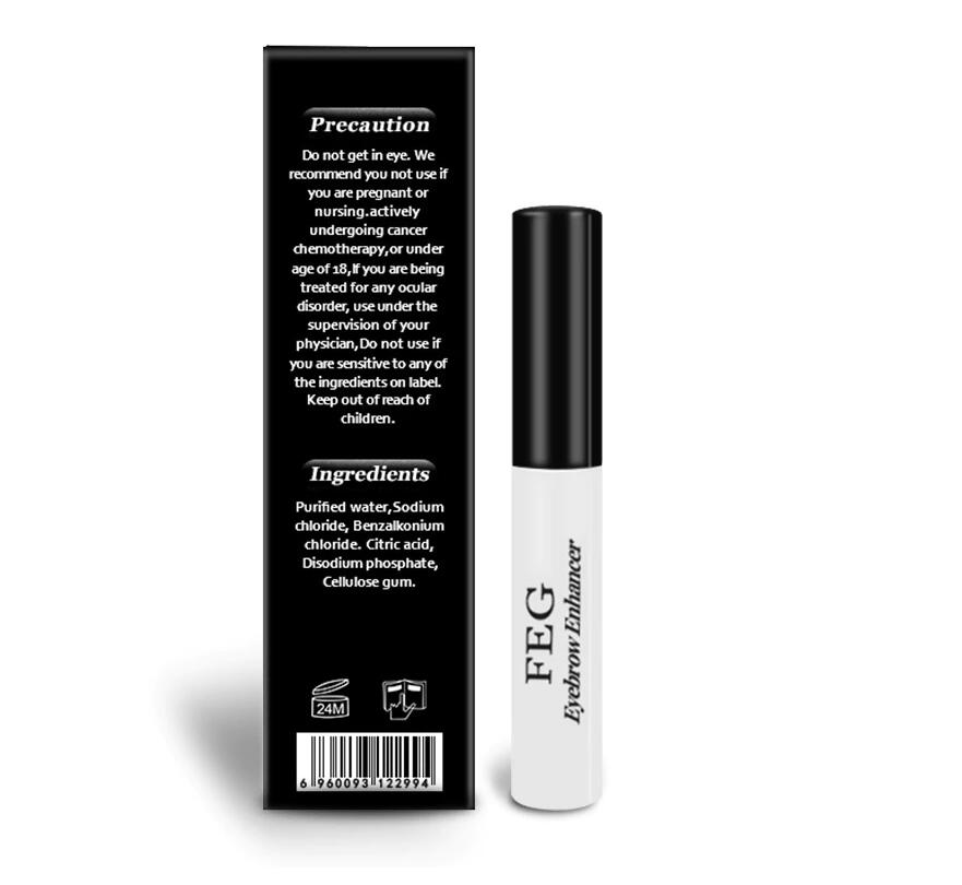 FEG eyebrow enhancer serum bottle and black product box with white text listing ingredients and precautions.