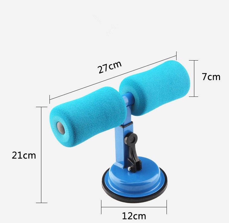 Blue sit-up bar with soft foam rollers, adjustable metal frame, and a suction cup base, shown with dimension labels.