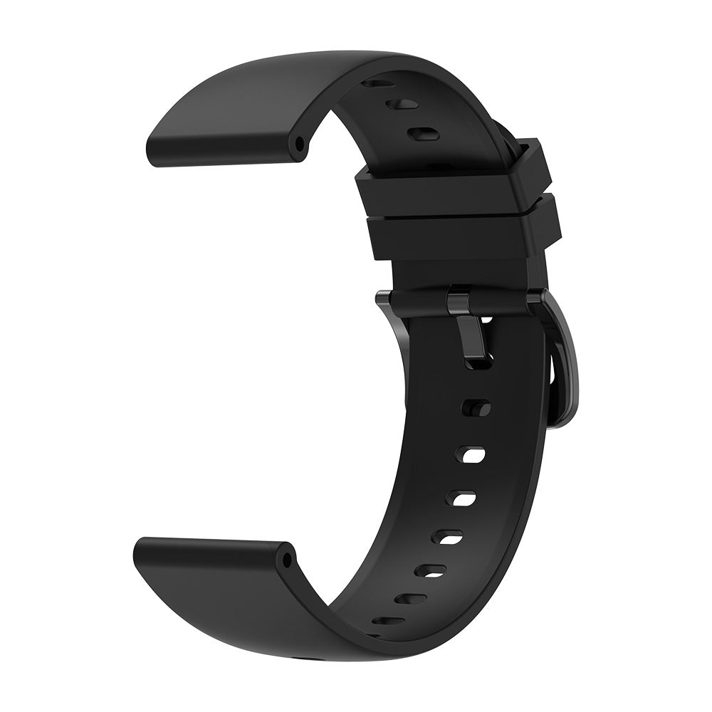 A plain, flexible black silicone smartwatch replacement strap with a matching black metal buckle and pin closure.