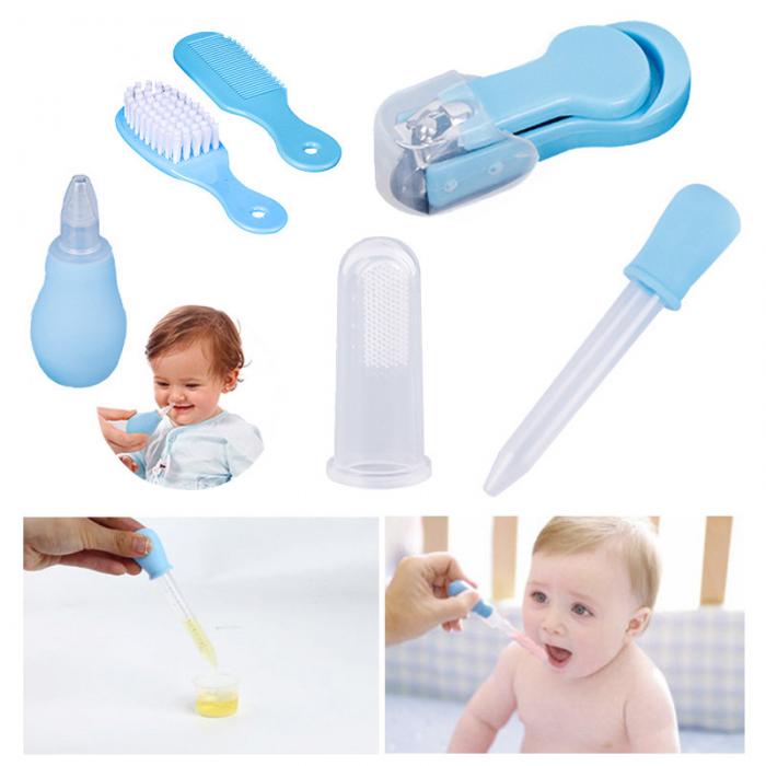 Blue baby health set featuring grooming tools, nasal aspirator, finger toothbrush, and liquid dropper for infants.