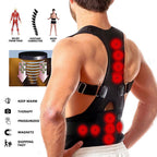 Black Kyphotone back posture corrector with adjustable straps, magnetic therapy points, and instructional diagrams.