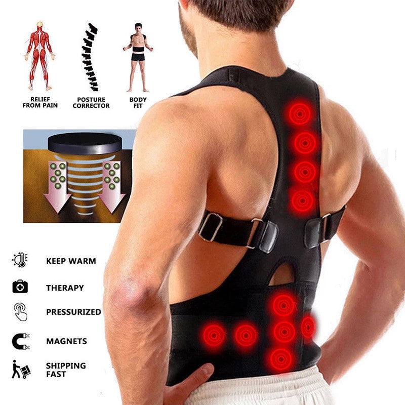 Black Kyphotone back posture corrector with adjustable straps, magnetic therapy points, and instructional diagrams.