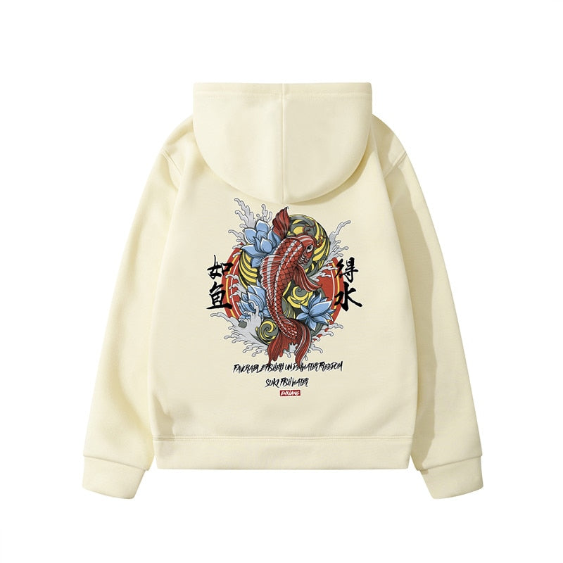 Cream-colored streetwear hoodie featuring a vibrant Japanese Ukiyoe-style koi fish and lotus back graphic.