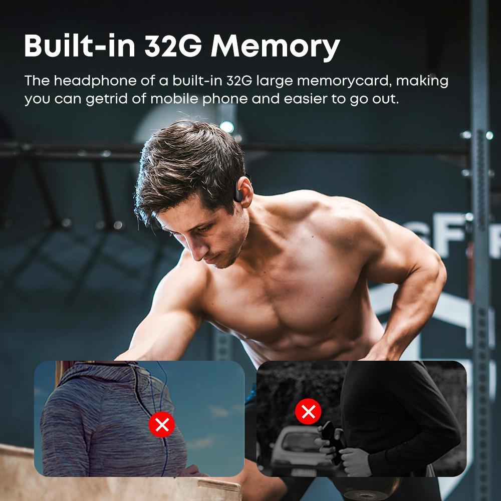 Athlete wears black bone conduction headphones, highlighting the convenience of built-in 32GB memory for wireless use.