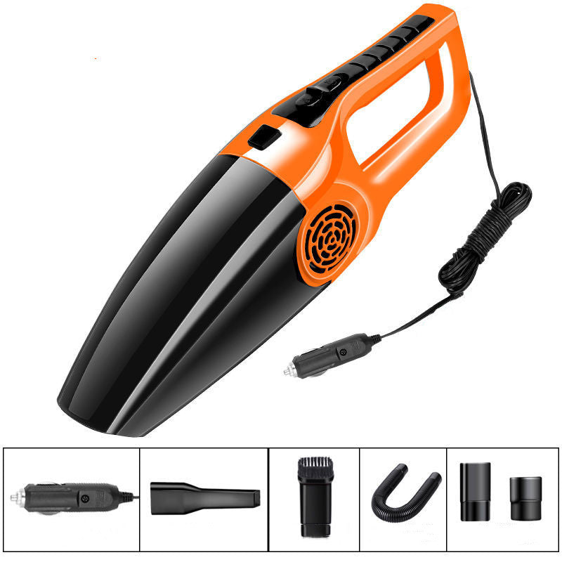 Orange and black handheld car vacuum with a 12V cigarette lighter plug and various cleaning nozzle attachments.
