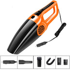 Orange and black handheld car vacuum with a 12V cigarette lighter plug and various cleaning nozzle attachments.