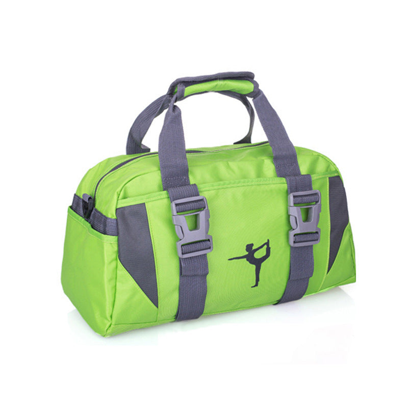 Bright green nylon yoga duffel bag with grey straps, buckles, and a dancer logo on a white background.