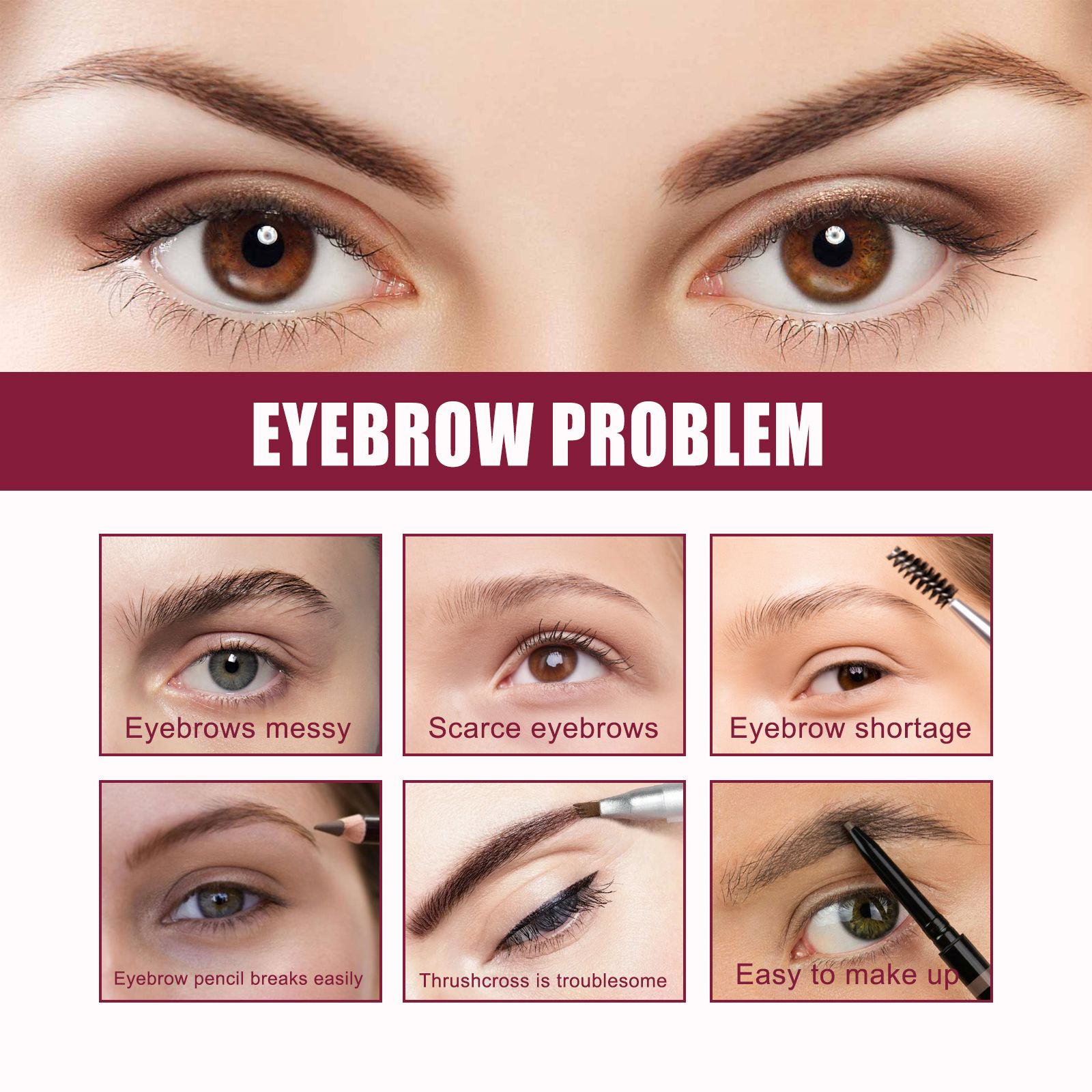 EELHOE eyebrow makeup chart showing solutions for messy, sparse, or difficult brows using brushes and pencils.