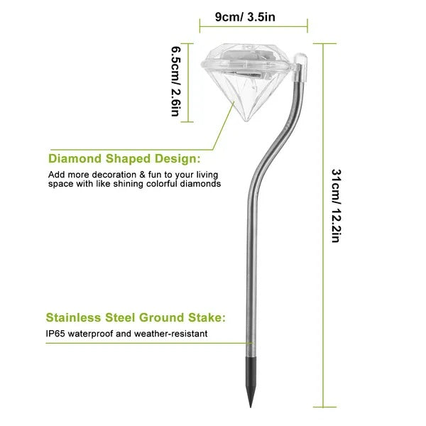 Diamond-shaped solar garden light with a stainless steel stake, showing dimensions and waterproof features.