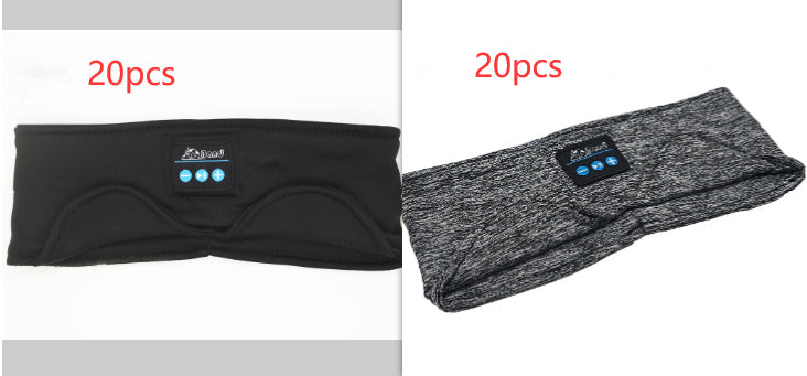 Two soft, fabric Bluetooth headband sleep masks in black and gray heather, featuring integrated control buttons.